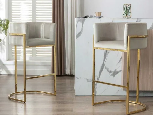 Conjunto De 2 Bancos Altos Em Veludo E Aco Inoxidavel Bege E Dourado - Peria De Pascal Morabito