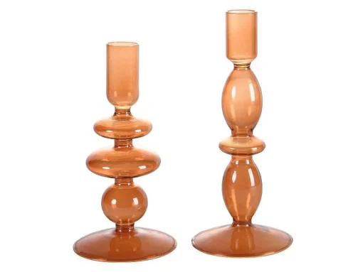 Conjunto De 2 Castiçais A. 21 E 18,5 Cm Vidro Laranja - Kandie