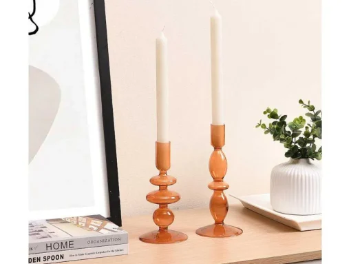 Conjunto De 2 Castiçais A. 21 E 18,5 Cm Vidro Laranja - Kandie