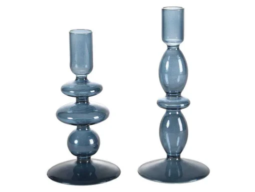 Conjunto De 2 Castiçais D. 9 X A. 21 Cm E D. 9 E A. 18,5 Cm Vidro Azul - Kandie