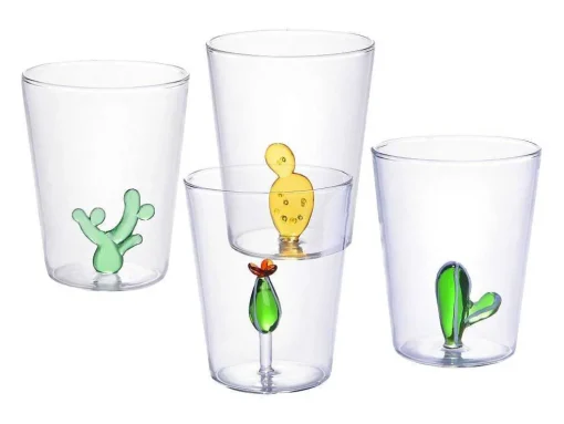 Conjunto De 4 Copos Com Cactos Transparente E Verde D.8 X A.10 Cm - Puntia