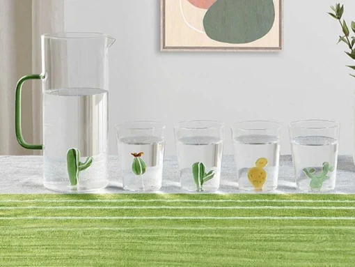 Conjunto De 4 Copos Com Cactos Transparente E Verde D.8 X A.10 Cm - Puntia