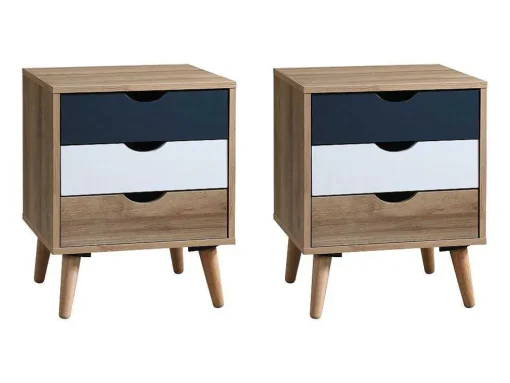 Conjunto De 2 Mesas De Cabeceira Com 3 Gavetas Cores Natural, Branco E Azul-Marinho - Lurvia