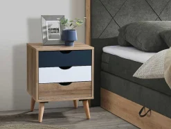 Conjunto De 2 Mesas De Cabeceira Com 3 Gavetas Cores Natural, Branco E Azul-Marinho - Lurvia