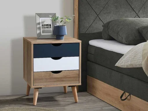 Conjunto De 2 Mesas De Cabeceira Com 3 Gavetas Cores Natural, Branco E Azul-Marinho - Lurvia