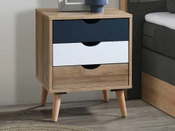 Conjunto De 2 Mesas De Cabeceira Com 3 Gavetas Cores Natural, Branco E Azul-Marinho - Lurvia