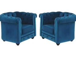 Conjunto De 2 Poltronas Chesterfield - Veludo Azul Esverdeado