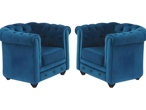 Conjunto De 2 Poltronas Chesterfield - Veludo Azul Esverdeado