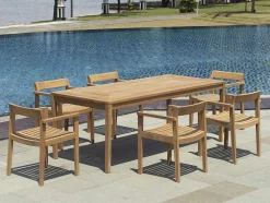 Conjunto De Jantar De Jardim Em Teca, 1 Mesa C. 200 Cm + 6 Cadeiroes, Natural Claro - Allende