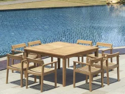 Conjunto De Jantar De Jardim Em Teca, 1 Mesa Quadrada + 8 Cadeiroes, Natural Claro - Allende