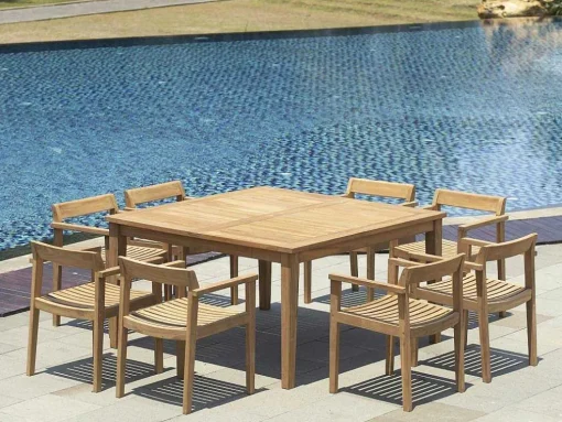 Conjunto De Jantar De Jardim Em Teca, 1 Mesa Quadrada + 8 Cadeiroes, Natural Claro - Allende