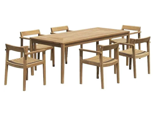 Conjunto De Jantar De Jardim Em Teca, 1 Mesa C. 200 Cm + 6 Cadeiroes, Natural Claro - Allende
