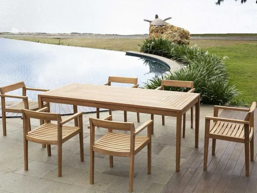 Conjunto De Jantar De Jardim Em Teca, 1 Mesa C. 200 Cm + 6 Cadeiroes, Natural Claro - Allende