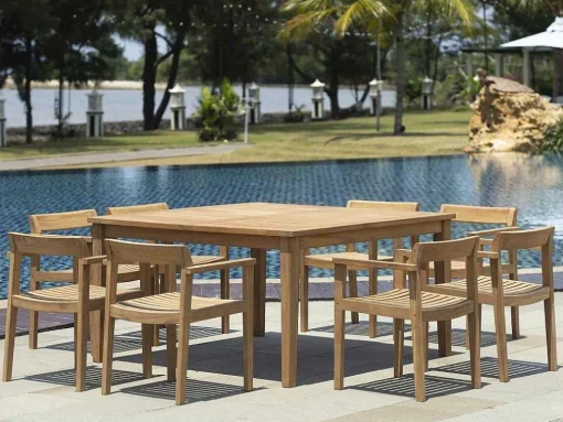 Conjunto De Jantar De Jardim Em Teca, 1 Mesa Quadrada + 8 Cadeiroes, Natural Claro - Allende