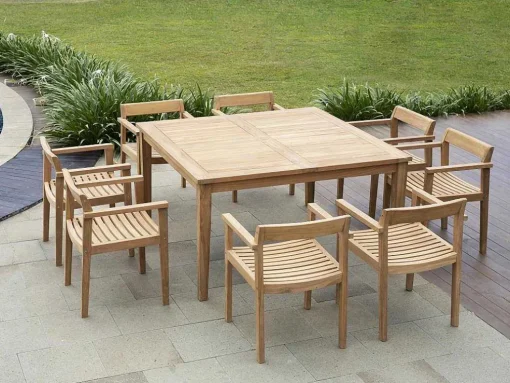 Conjunto De Jantar De Jardim Em Teca, 1 Mesa Quadrada + 8 Cadeiroes, Natural Claro - Allende
