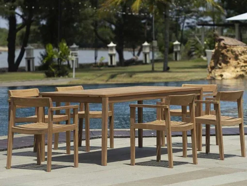 Conjunto De Jantar De Jardim Em Teca, 1 Mesa C. 200 Cm + 6 Cadeiroes, Natural Claro - Allende