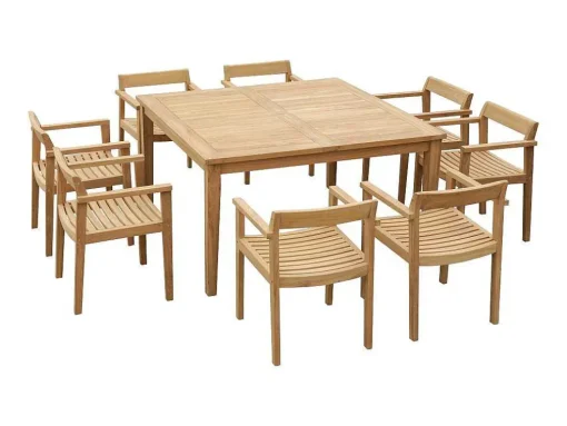 Conjunto De Jantar De Jardim Em Teca, 1 Mesa Quadrada + 8 Cadeiroes, Natural Claro - Allende