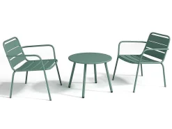 Conjunto De Jardim Em Metal, 2 Cadeiroes Baixos Empilhaveis E Uma Mesa De Apoio, Verde-Amendoa - Mirmande