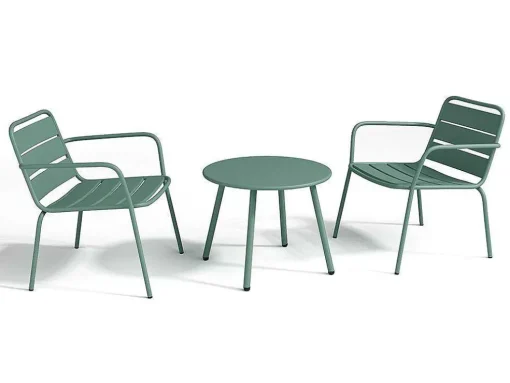 Conjunto De Jardim Em Metal, 2 Cadeiroes Baixos Empilhaveis E Uma Mesa De Apoio, Verde-Amendoa - Mirmande