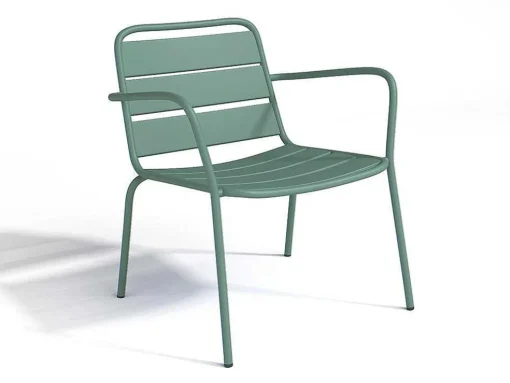 Conjunto De Jardim Em Metal, 2 Cadeiroes Baixos Empilhaveis E Uma Mesa De Apoio, Verde-Amendoa - Mirmande