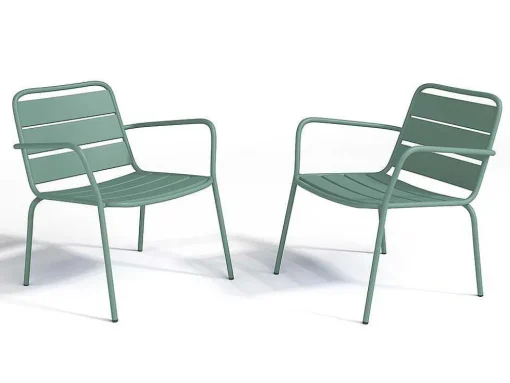 Conjunto De Jardim Em Metal, 2 Cadeiroes Baixos Empilhaveis E Uma Mesa De Apoio, Verde-Amendoa - Mirmande