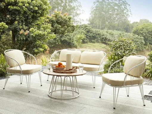 Conjunto De Jardim Em Metal, 1 Sofá De 2 Lugares, 2 Cadeiroes E Uma Mesa De Centro, Branco - Arlesan