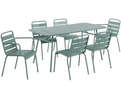 Conjunto De Jardim, Mesa E Cadeiras De Jardim Em Metal: Uma Mesa C.160 Cm Com 2 Cadeiroes Empilhaveis E 4 Cadeiras Empilhaveis Cor Verde Amendoa - Mirmande