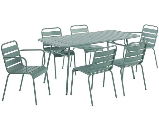 Conjunto De Jardim, Mesa E Cadeiras De Jardim Em Metal: Uma Mesa C.160 Cm Com 2 Cadeiroes Empilhaveis E 4 Cadeiras Empilhaveis Cor Verde Amendoa - Mirmande