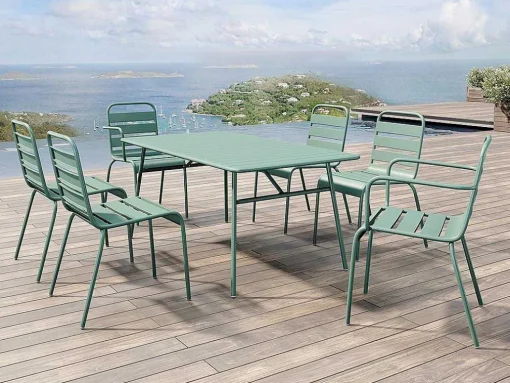 Conjunto De Jardim, Mesa E Cadeiras De Jardim Em Metal: Uma Mesa C.160 Cm Com 2 Cadeiroes Empilhaveis E 4 Cadeiras Empilhaveis Cor Verde Amendoa - Mirmande