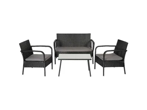 Conjunto De Moveis De Jardim Lipari Em Resina Tecida Em Preto - Almofadas Cinzentas