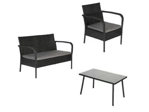 Conjunto De Moveis De Jardim Lipari Em Resina Tecida Em Preto - Almofadas Cinzentas