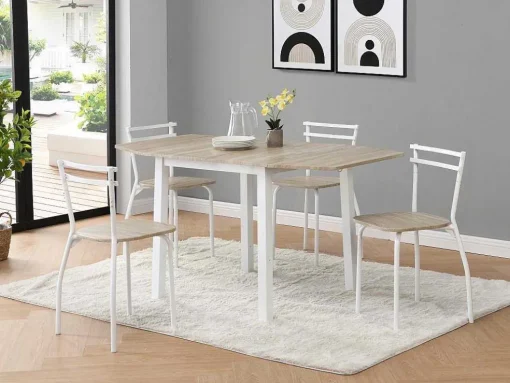 Conjunto Mesa + 4 Cadeiras Em Mdf E Metal Natural E Branco - Maewin