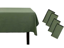 Conjunto Toalha + 4 Guardanapos De Mesa Em Linho E Algodao, Borda Preta, Caqui, 170 X 250 Cm - Borina