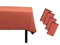 Conjunto Toalha + 4 Guardanapos De Mesa Em Linho E Algodao, Borda Preta, Terracota, 170 X 300 Cm - Borina