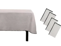 Conjunto Toalha + 4 Guardanapos De Mesa Em Linho E Algodao, Borda Preta, Taupe, 170 X 300 Cm - Borina