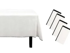 Conjunto Toalha + 4 Guardanapos De Mesa Em Linho E Algodao, Borda Preta, Branco, 170 X 300 Cm - Borina