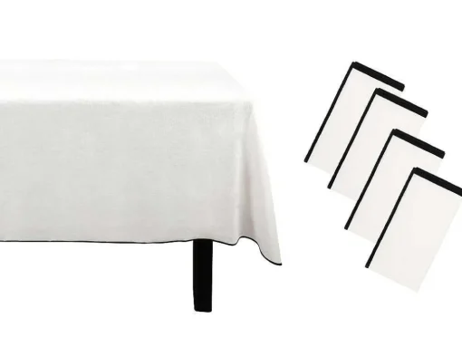 Conjunto Toalha + 4 Guardanapos De Mesa Em Linho E Algodao, Borda Preta, Branco, 170 X 300 Cm - Borina
