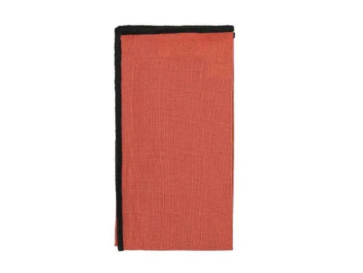 Conjunto Toalha + 4 Guardanapos De Mesa Em Linho E Algodao, Borda Preta, Terracota, 170 X 300 Cm - Borina