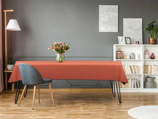 Conjunto Toalha + 4 Guardanapos De Mesa Em Linho E Algodao, Borda Preta, Terracota, 170 X 300 Cm - Borina