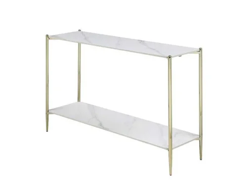 Consola Com 1 Prateleira Em Ceramica E Metal, Efeito Marmore Branco E Dourado - Madola