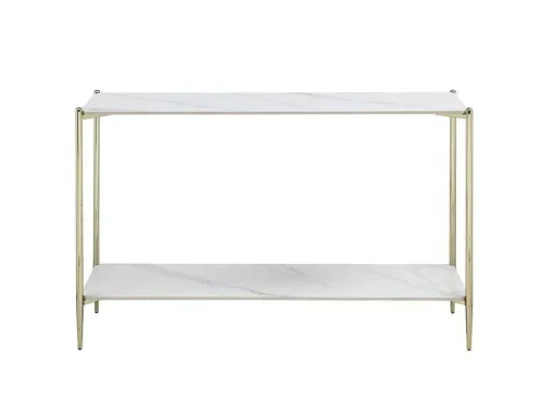 Consola Com 1 Prateleira Em Ceramica E Metal, Efeito Marmore Branco E Dourado - Madola