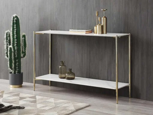Consola Com 1 Prateleira Em Ceramica E Metal, Efeito Marmore Branco E Dourado - Madola
