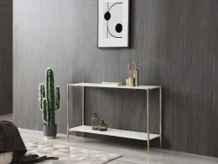 Consola Com 1 Prateleira Em Ceramica E Metal, Efeito Marmore Branco E Dourado - Madola