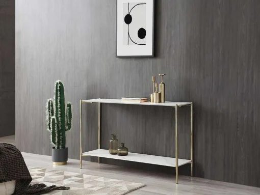 Consola Com 1 Prateleira Em Ceramica E Metal, Efeito Marmore Branco E Dourado - Madola