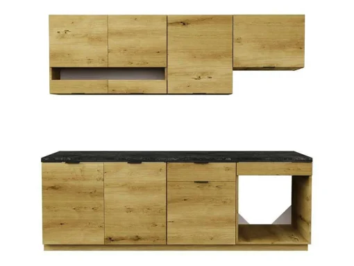 Cozinha Completa 200 Cm, 6 Elementos De Arrumação, Natural E Antracite - Carmeo