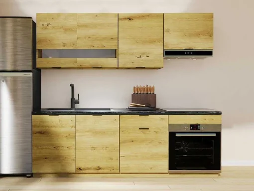 Cozinha Completa 200 Cm, 6 Elementos De Arrumação, Natural E Antracite - Carmeo