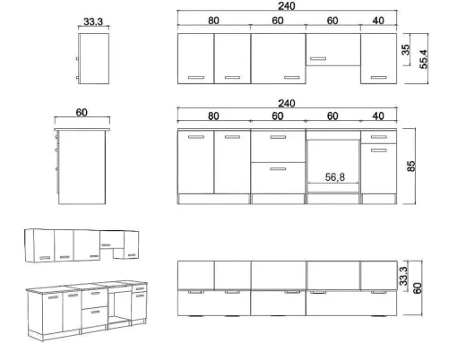 Cozinha Completa De 240 Cm Com 8 Compartimentos De Arrumação Cor Cinza E Branco - Trattoria