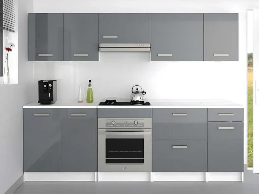 Cozinha Completa De 240 Cm Com 8 Compartimentos De Arrumação Cor Cinza E Branco - Trattoria