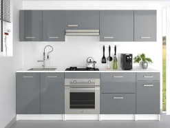 Cozinha Completa De 240 Cm Com 8 Compartimentos De Arrumação Cor Cinza E Branco - Trattoria