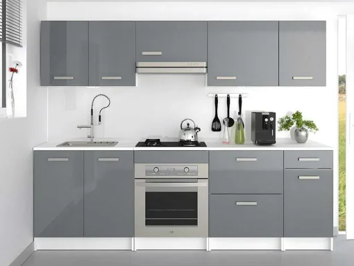 Cozinha Completa De 240 Cm Com 8 Compartimentos De Arrumação Cor Cinza E Branco - Trattoria